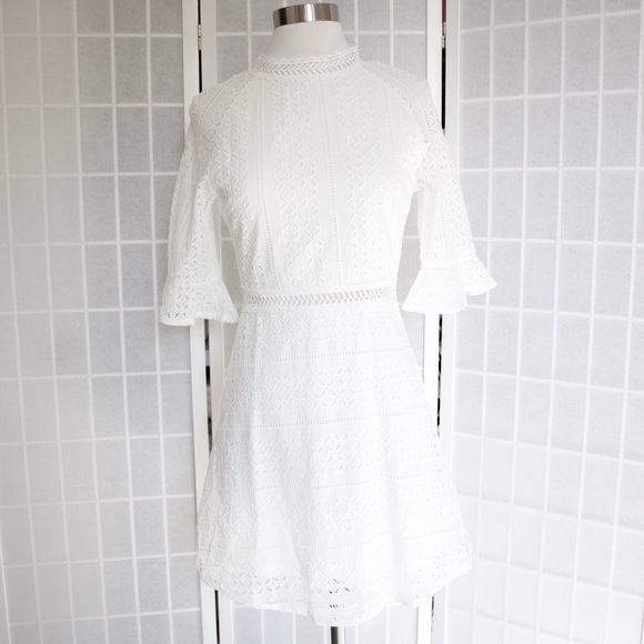 White 3/4 Sleeve Lace Embroidered Eyelet Dress - Picture 6 of 8